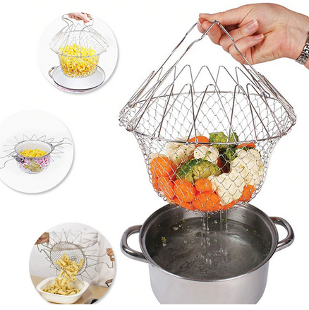 Image of Portable Stainless Steel Chips Mini Frying Foldable Steam Rinse Strain Fry French Chef Oil Fry Basket Mesh Mesh Basket Strainer Net Kitchen Cooking Tool